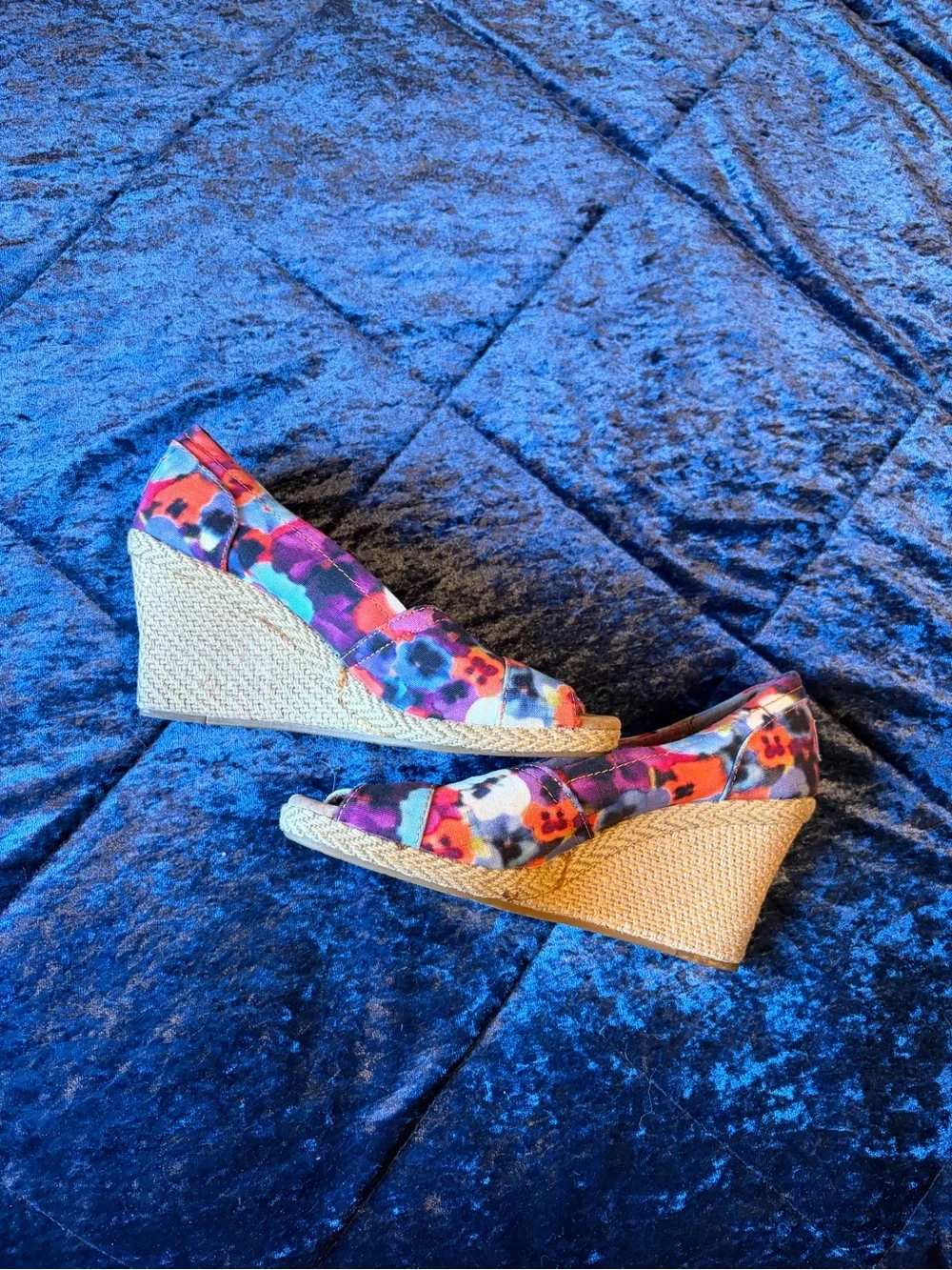 Toms Multicolor Floral Canvas Wedge Espadrilles - Purple, Pink, Blue